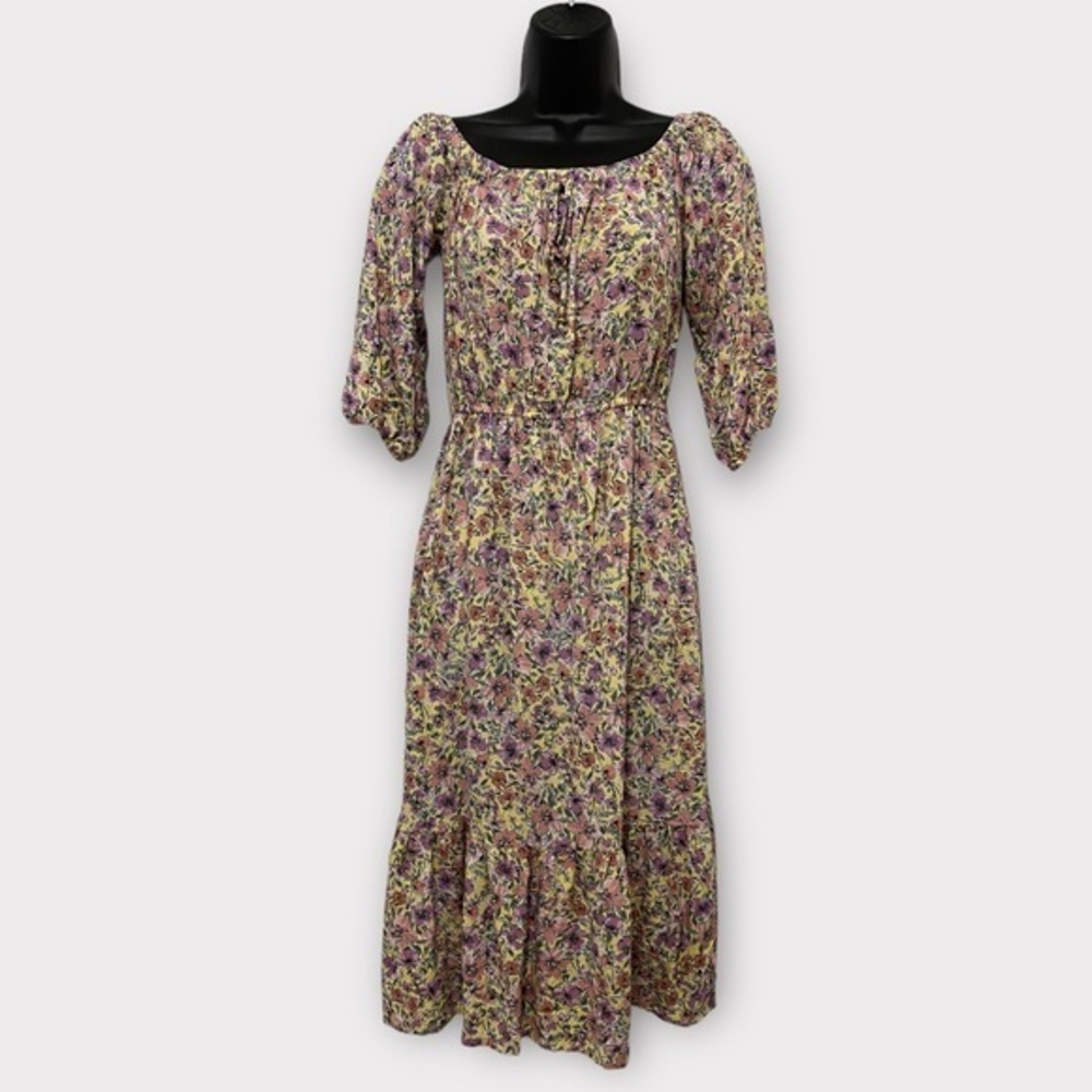 Bebop Yellow & Pink Vintage Floral Cottagecore Half Sleeve Midi Dress Size Small